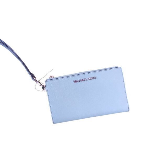 Michael Kors Blue Saffiano Leather Double Zip Cellphone Wallet Wristlet - Picture 1 of 11